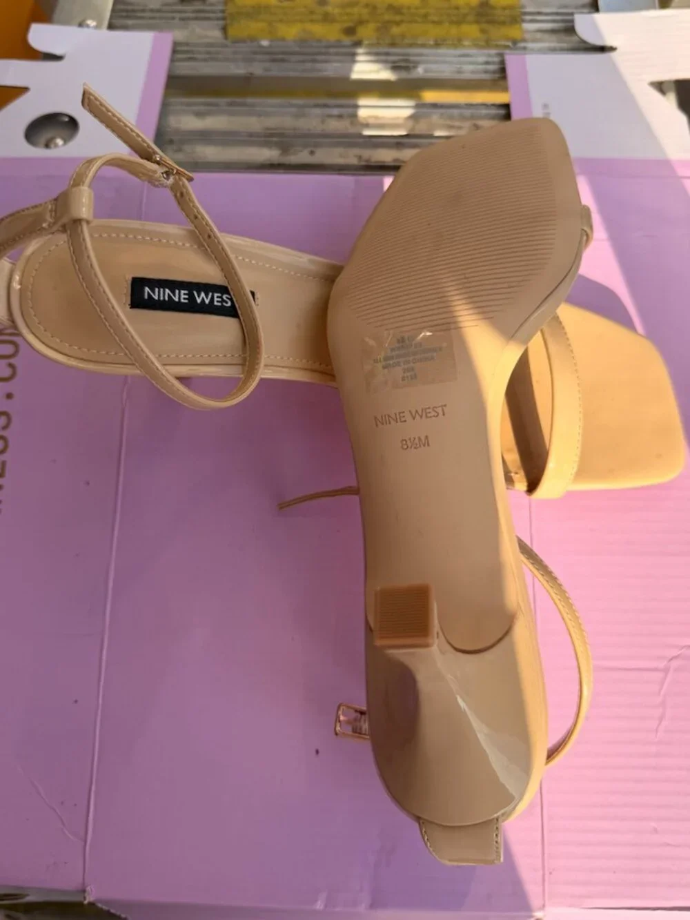 Nine West Nude Patent Strappy Kitten Heel Sandals | Square Toe | Size 8.5